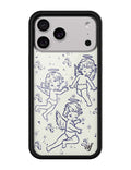Cherubs iPhone case with blue cherub illustrations, stars, and sparkles on a beige background with a black protective bumper.