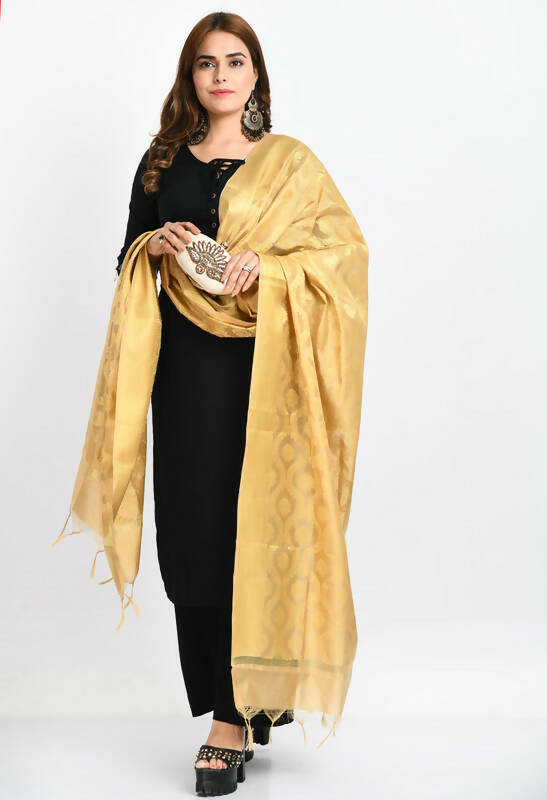Women's Golden Banarsi Silk Dupatta with All Over Geometric Weave