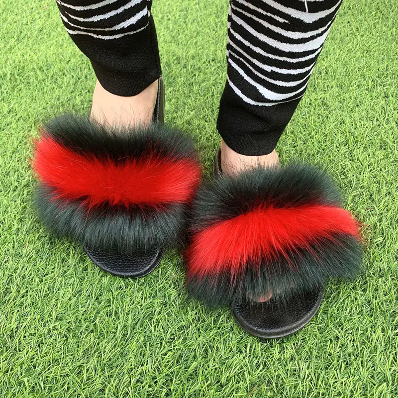 Women's Multicolored Faux Fur Flat Slippers Cozy Open Toe Slides - Image 10