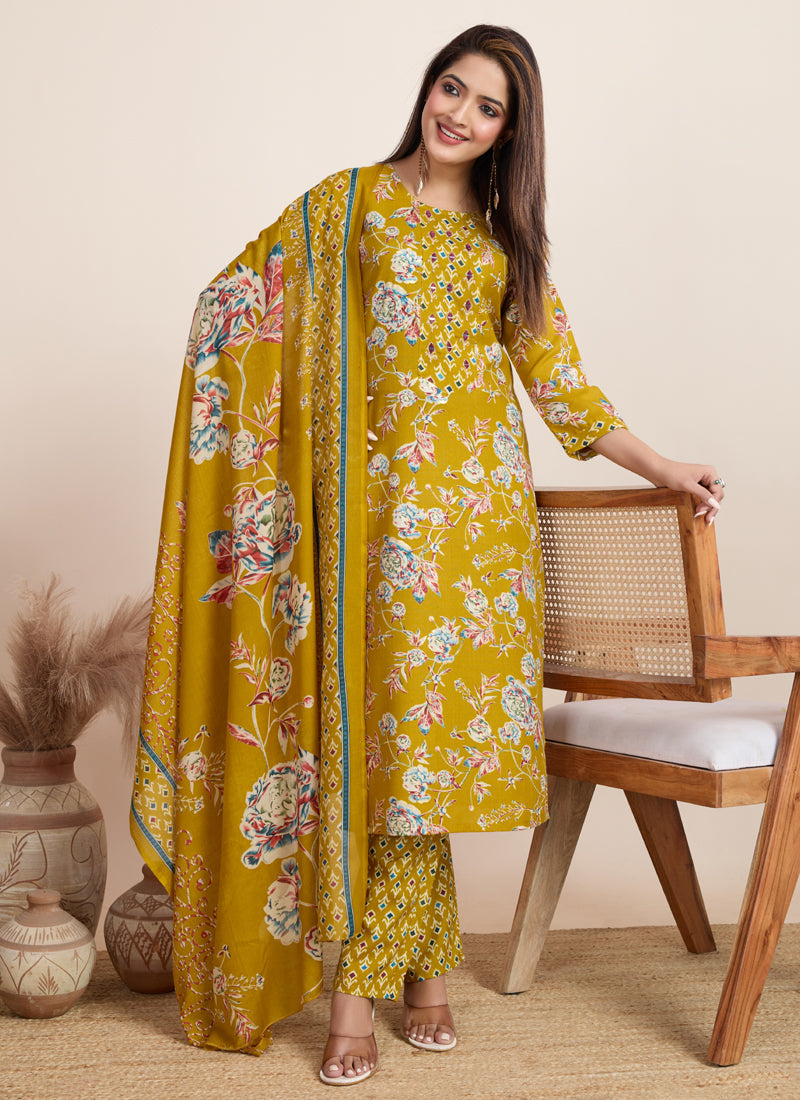 Yellow Printed Cotton Blend Salwar Suit for Festive Occasions
