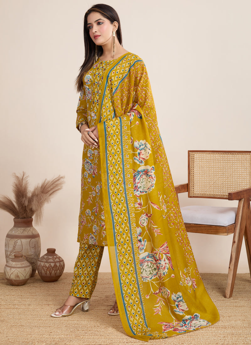 Yellow Printed Cotton Blend Salwar Suit for Festive Occasions