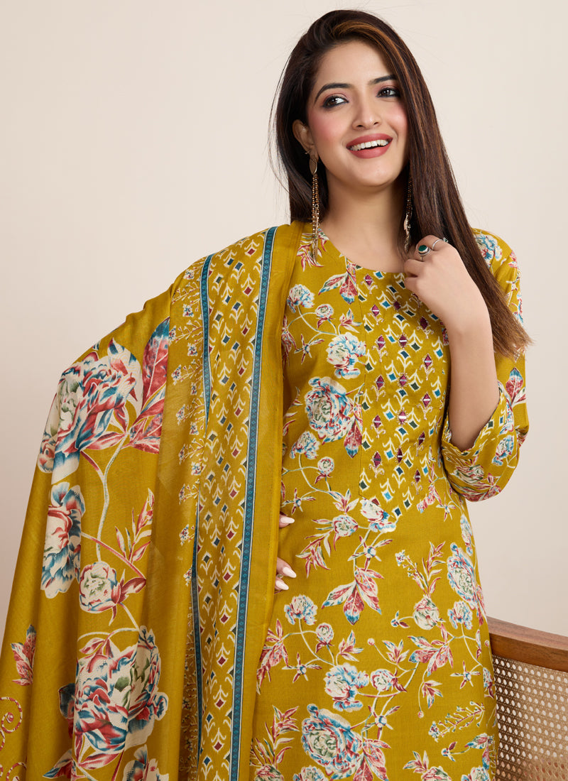 Yellow Printed Cotton Blend Salwar Suit for Festive Occasions
