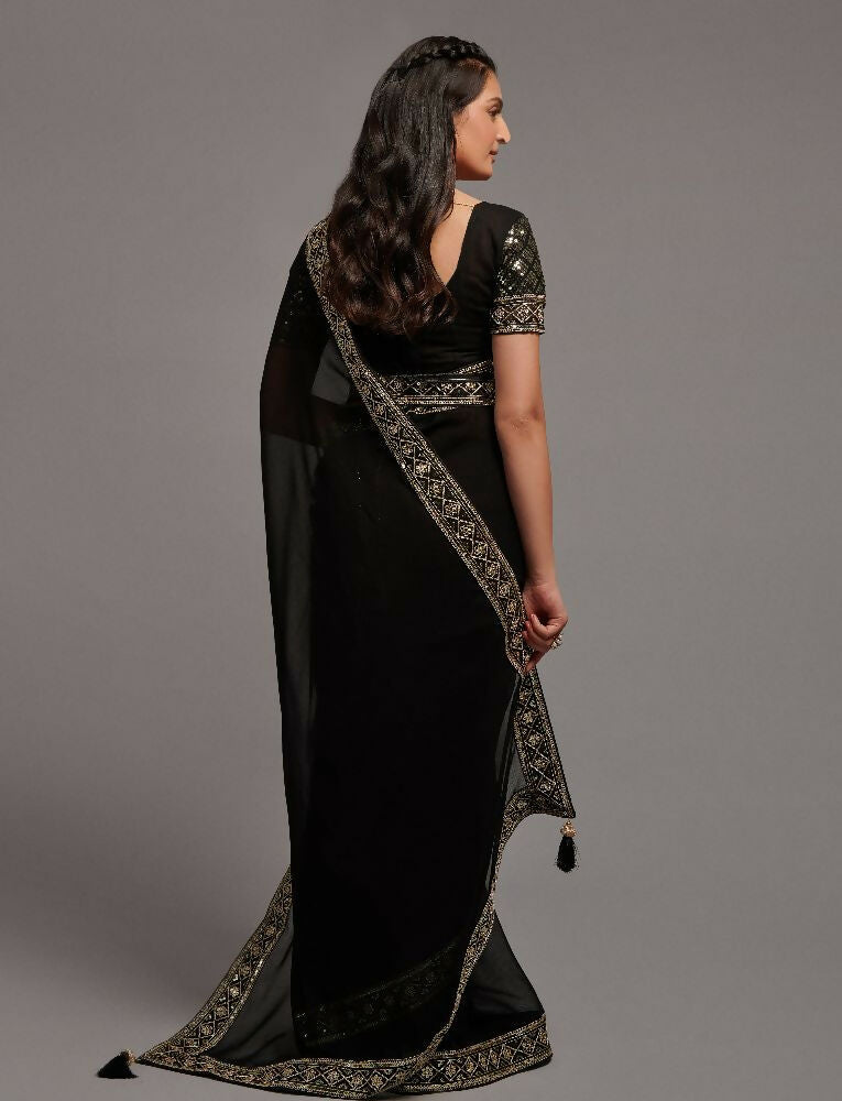 Black Zometo Embroidered Lace Saree with Matching Blouse