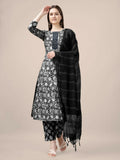 Black rayon printed kurta with embroidery and fancy lace work, paired with matching trousers and dupatta.