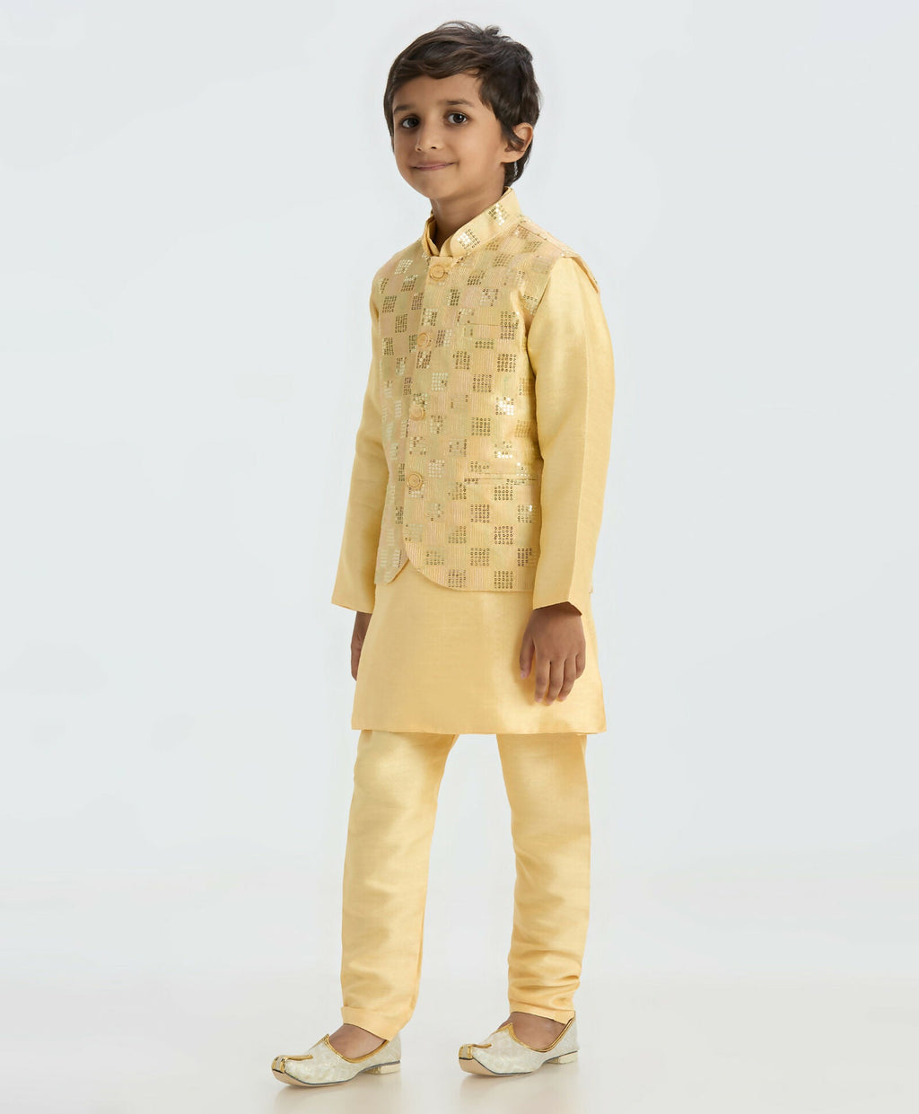 Boys Golden Kurta Pyjama Set with Nehru Jacket