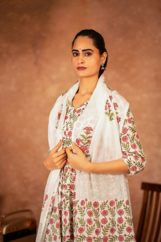 Red Green Hand Block Printed Cotton Suit Set