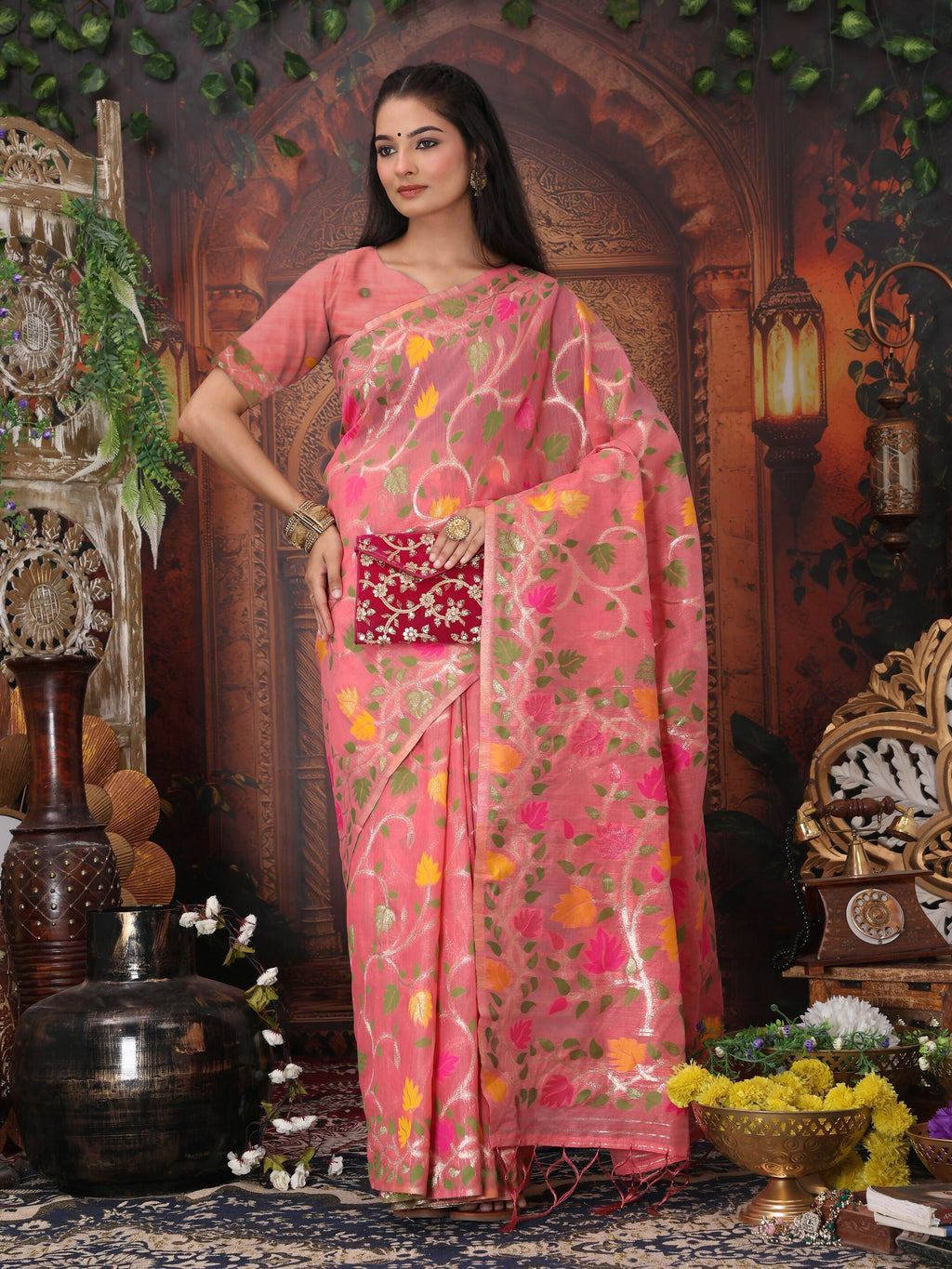 Shree Shyam Fashion Linen Cotton Pink Saree