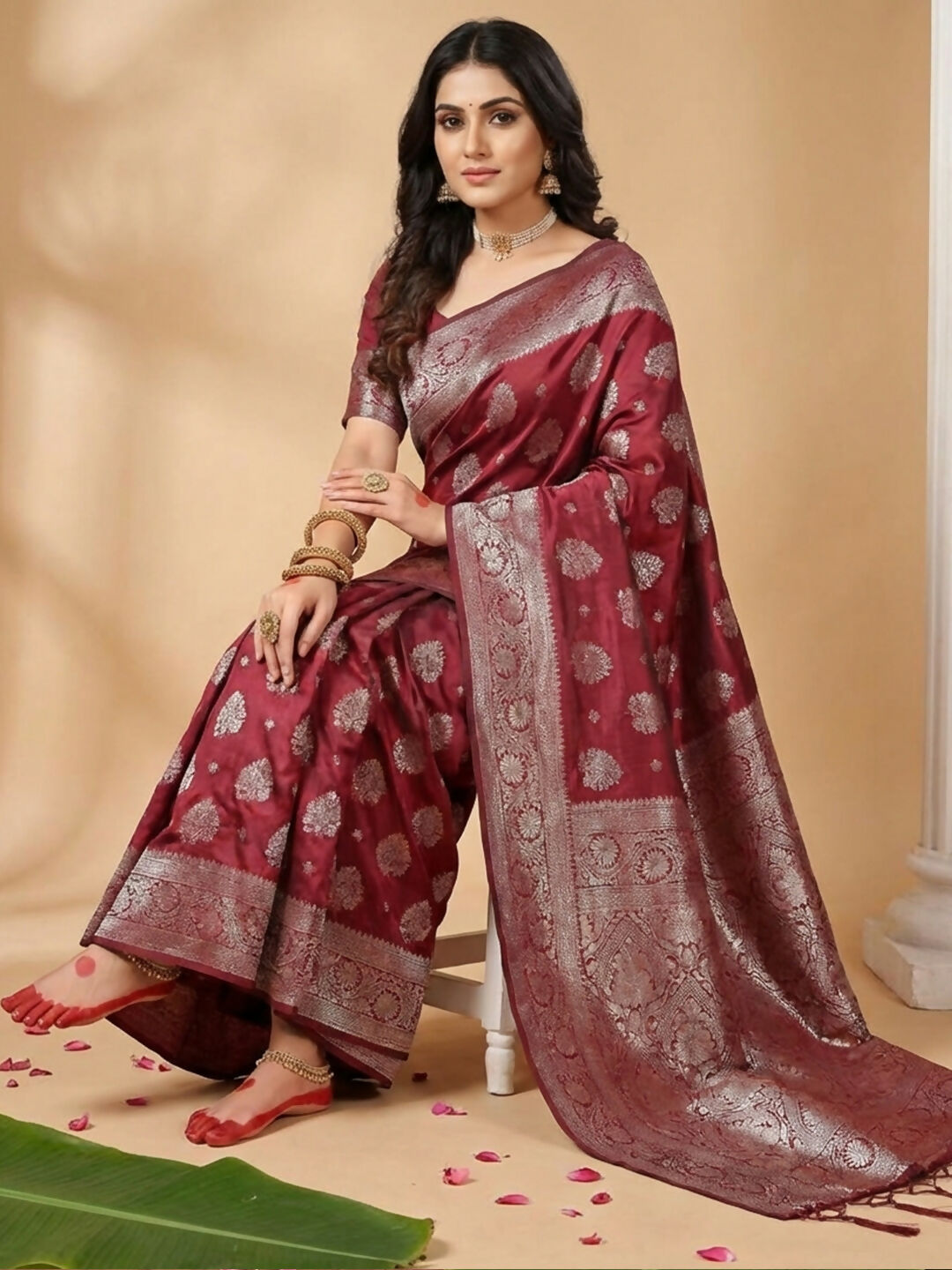Maroon Silk Blend Saree with Matching Blouse Piece