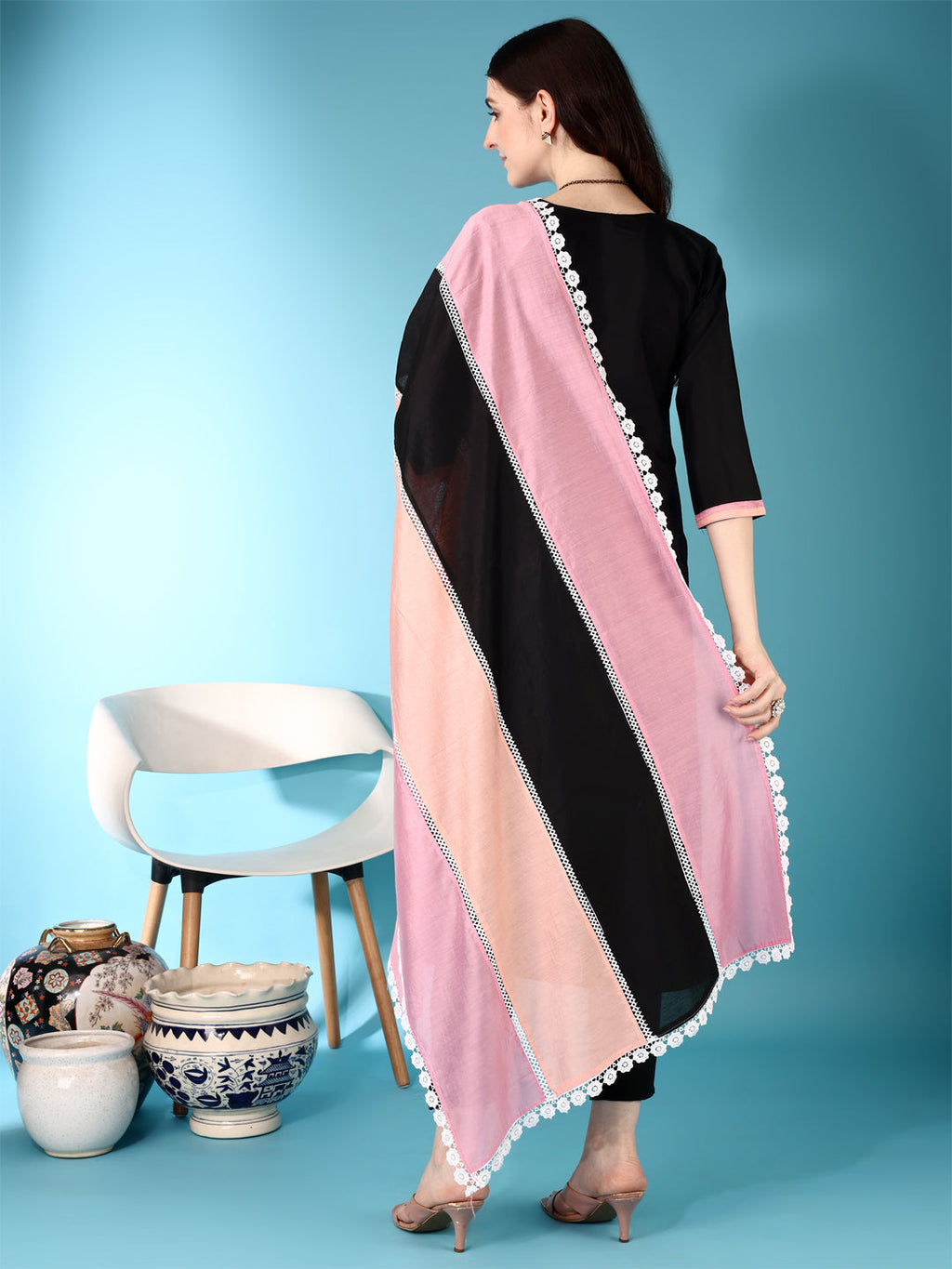 Black Embroidered & Lace Detailing Kurta Set with Dupatta