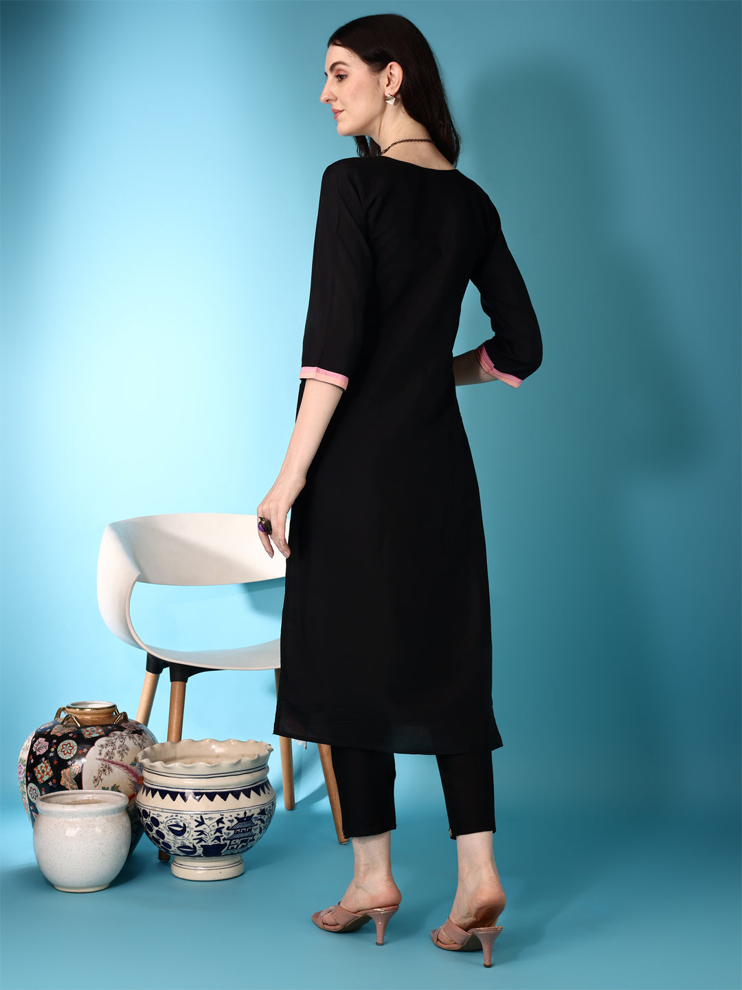 Black Embroidered & Lace Detailing Kurta Set with Dupatta