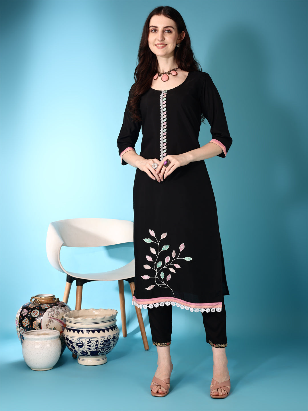 Black Embroidered & Lace Detailing Kurta Set with Dupatta