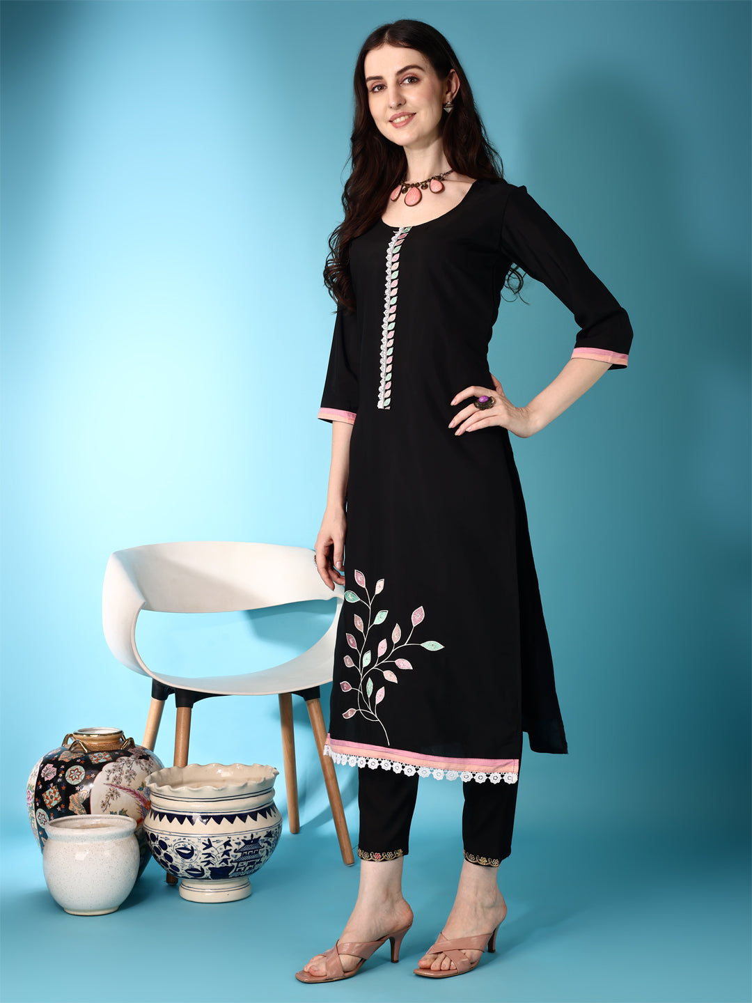 Black Embroidered & Lace Detailing Kurta Set with Dupatta