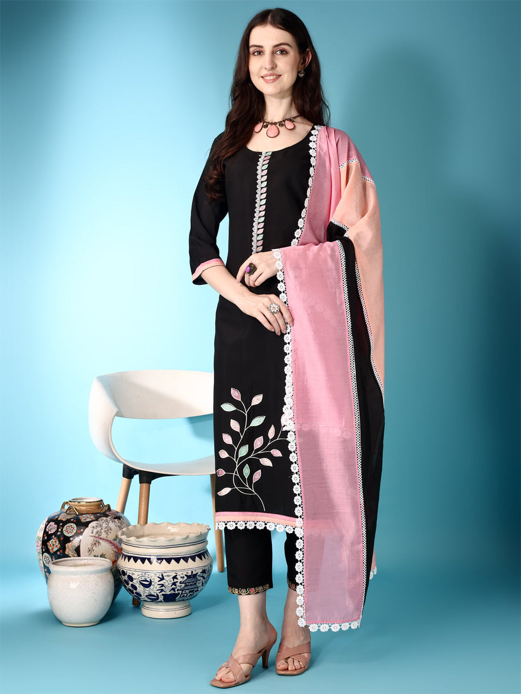 Black Chanderi kurta featuring lace and embroidery accents, paired with trousers and a multicolored dupatta.