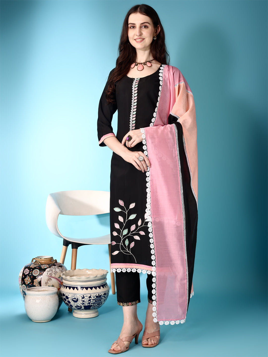 Black Chanderi kurta featuring lace and embroidery accents, paired with trousers and a multicolored dupatta.