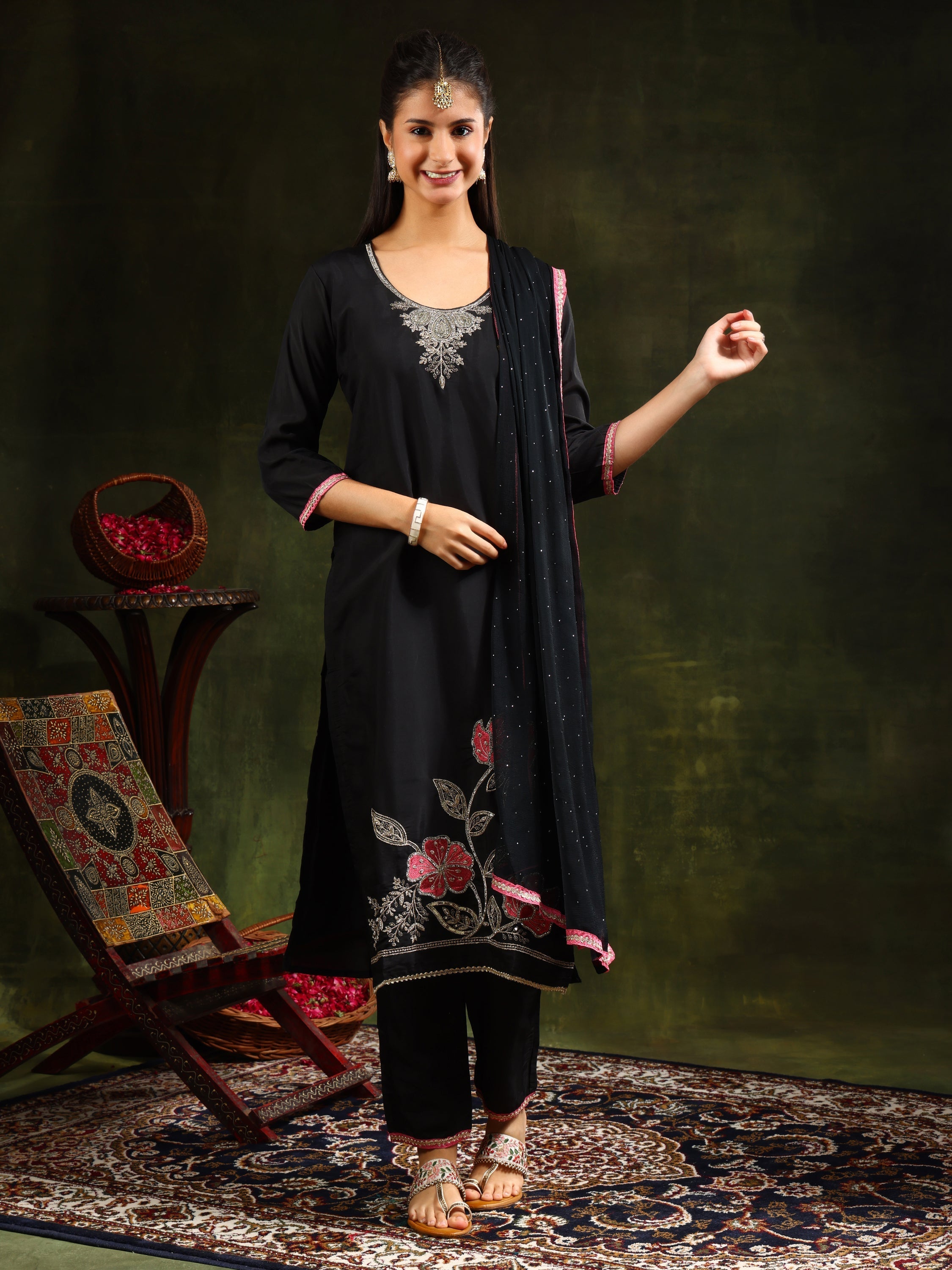 Black Chanderi kurta set with Swarovski and sequined embroidery