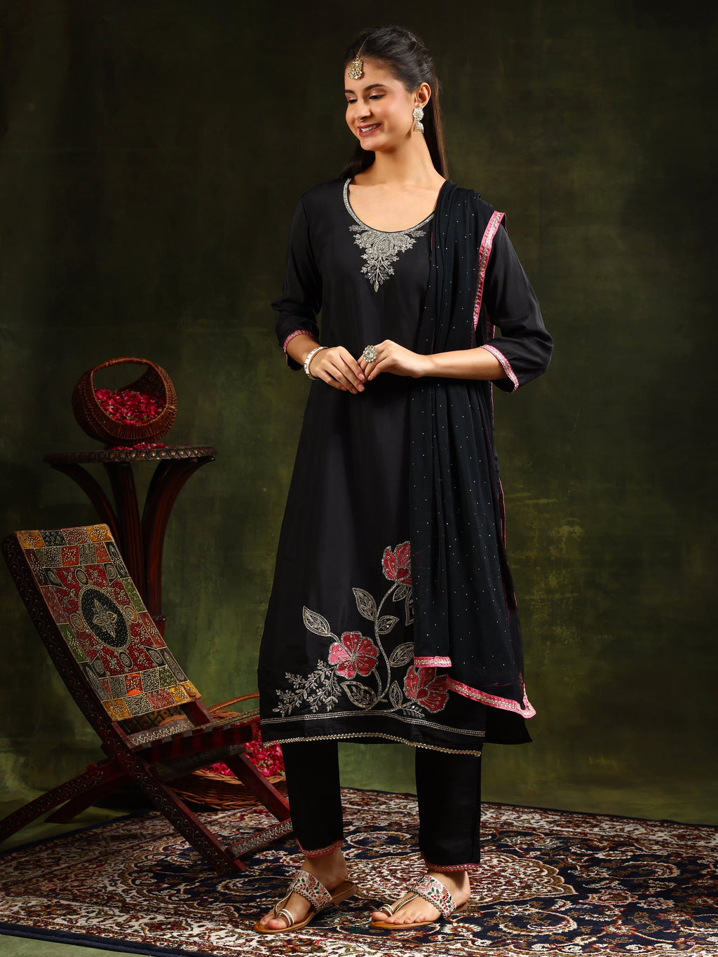 Black Swarovski & Sequined Embroidered Kurta Set