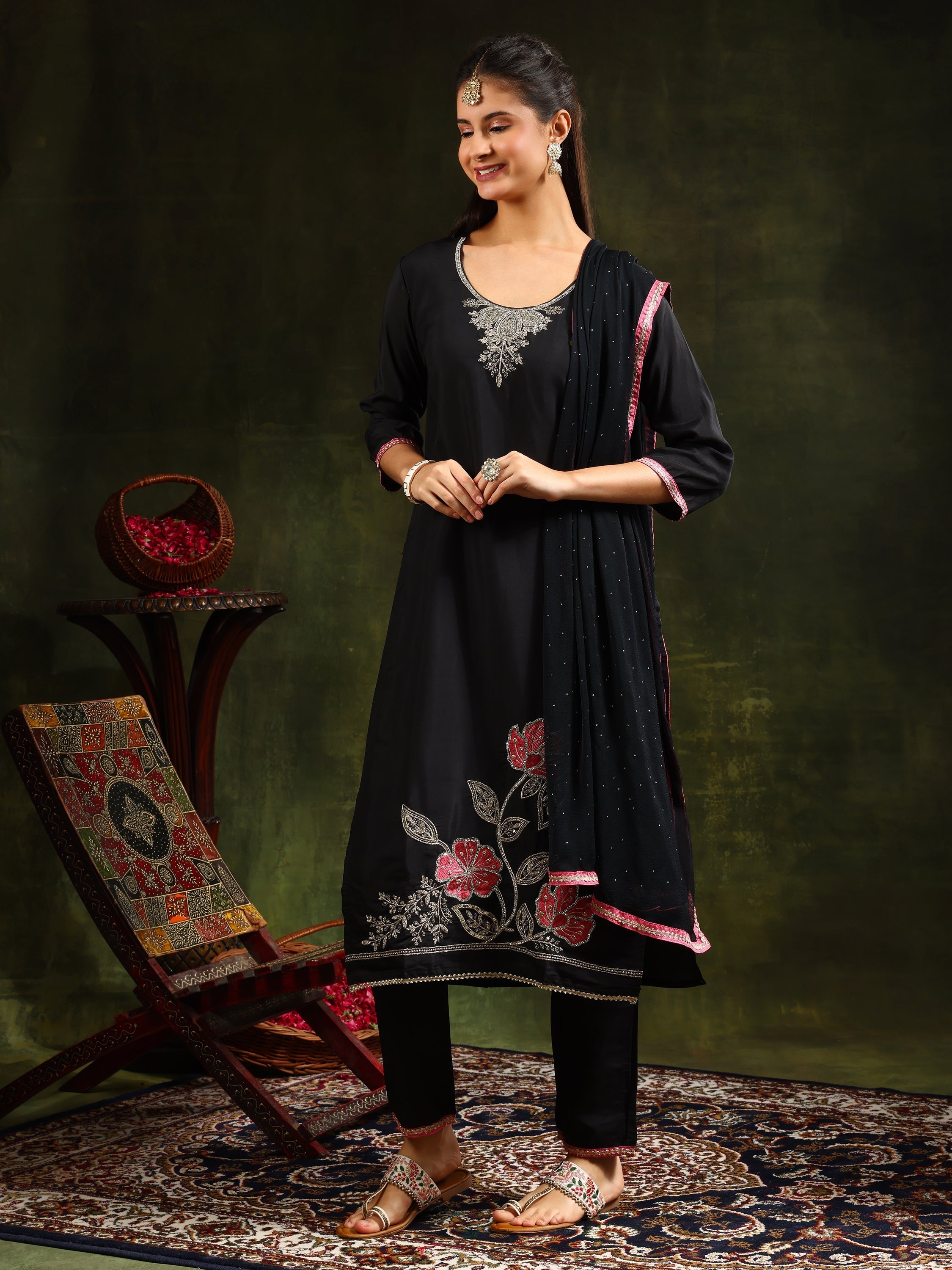 Black Swarovski & Sequined Embroidered Kurta Set