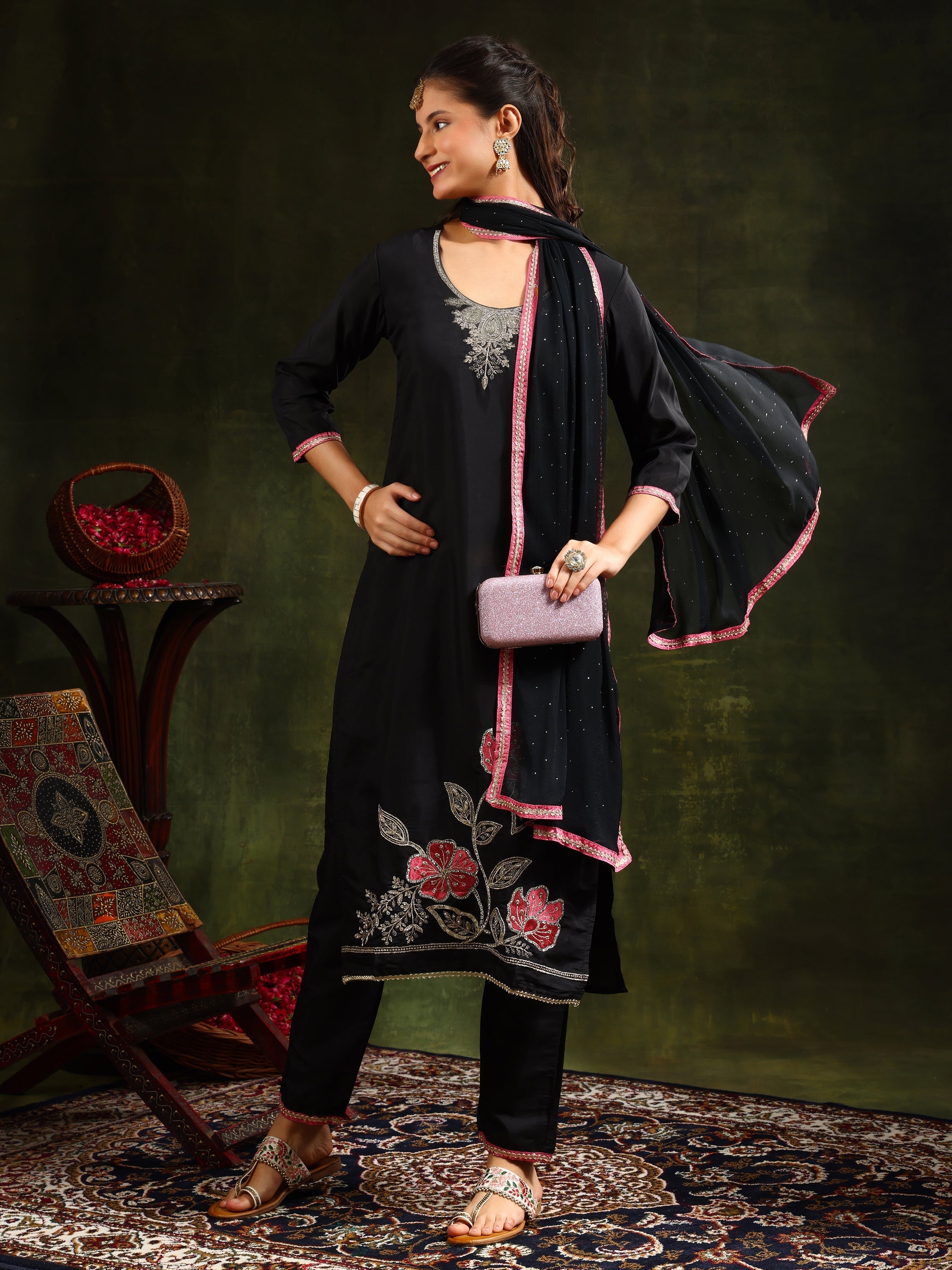 Black Swarovski & Sequined Embroidered Kurta Set