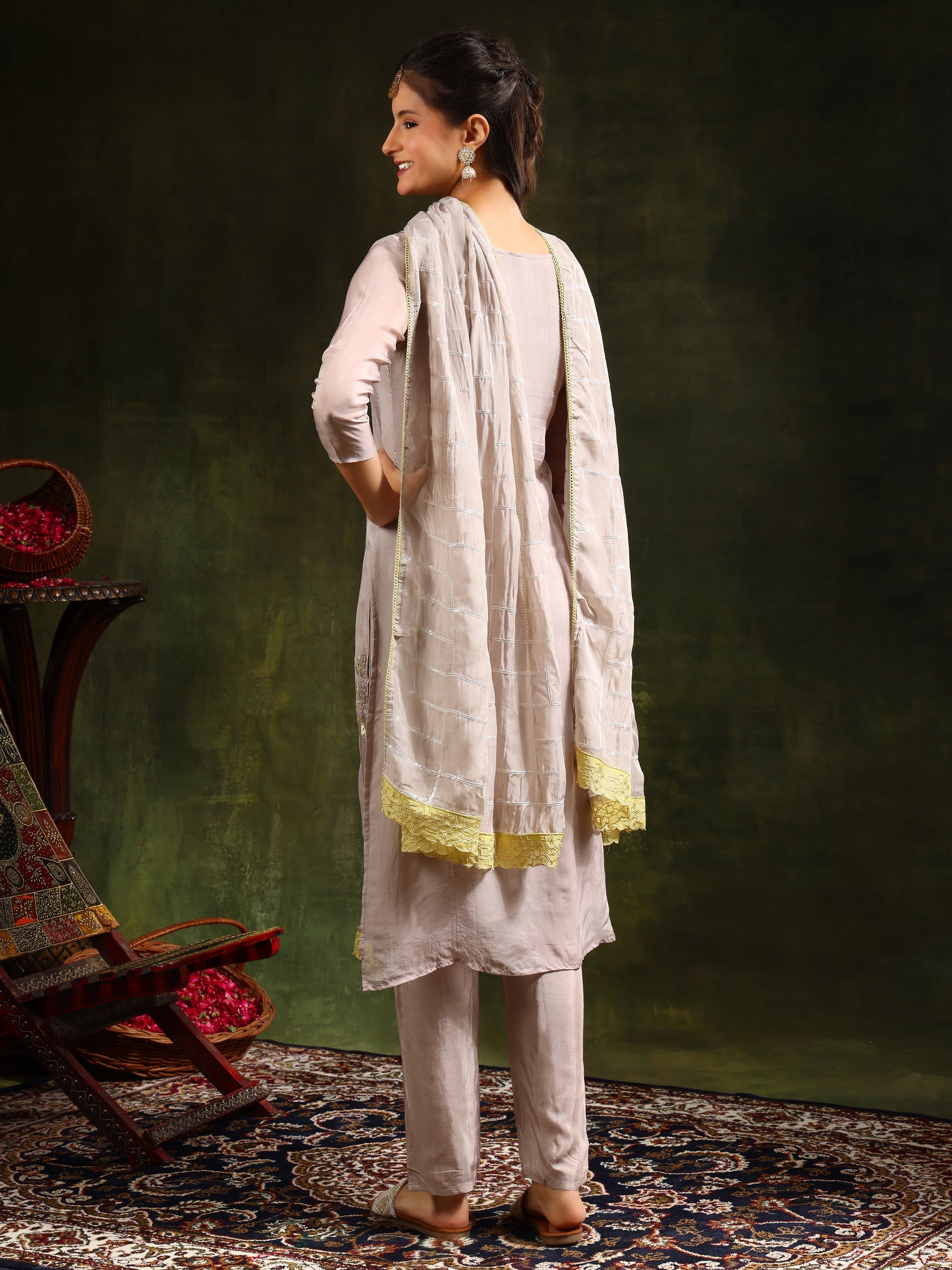 Grey Hand Embroidered Kurta Set with Sequined Organza Dupatta