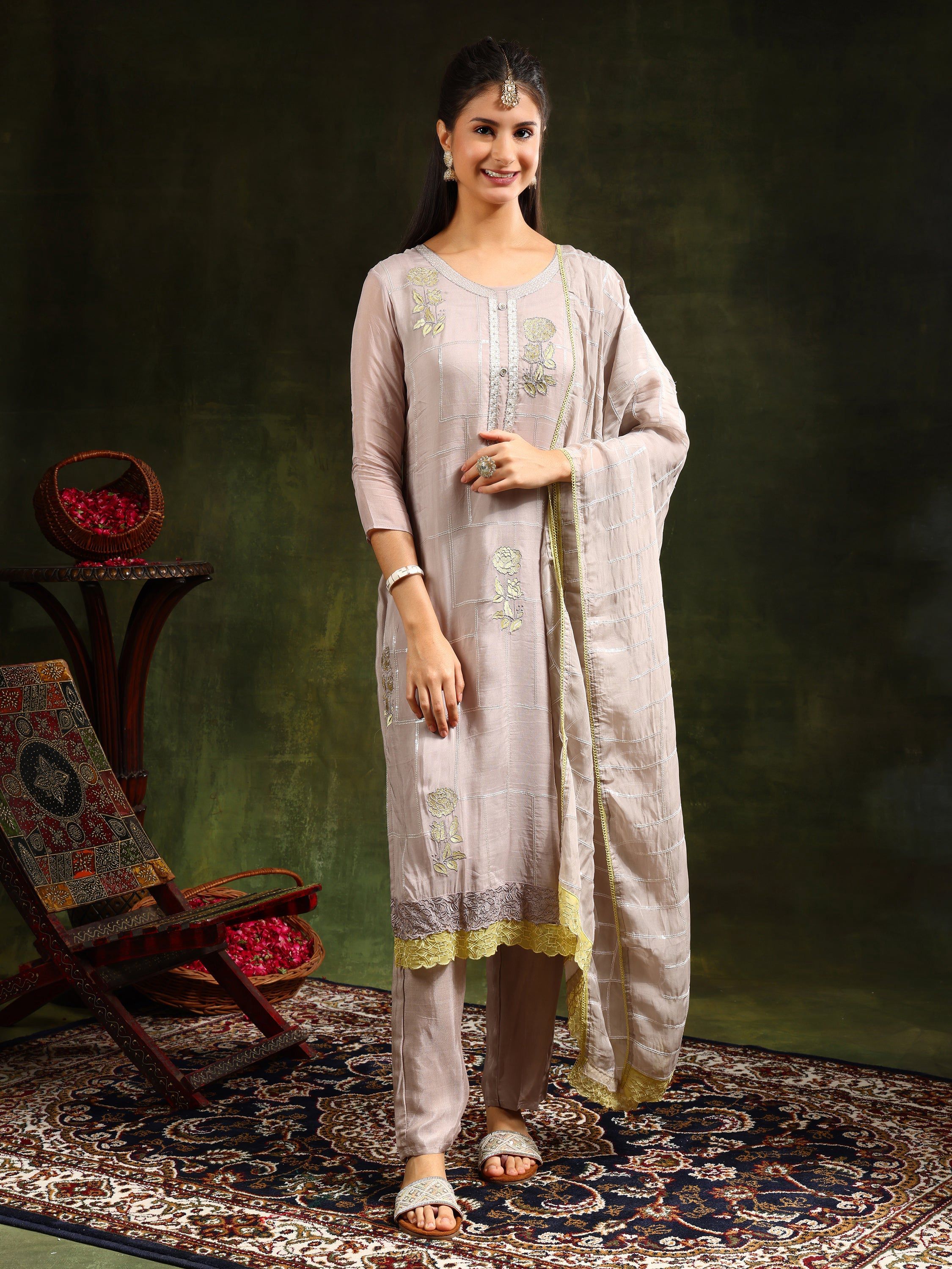Grey hand embroidered kurta set with a luxurious sequined organza dupatta