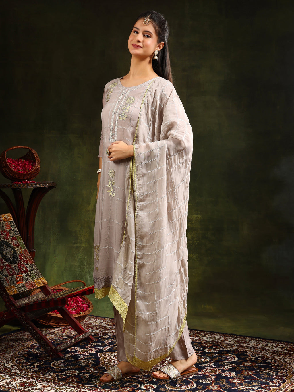 Grey Hand Embroidered Kurta Set with Sequined Organza Dupatta