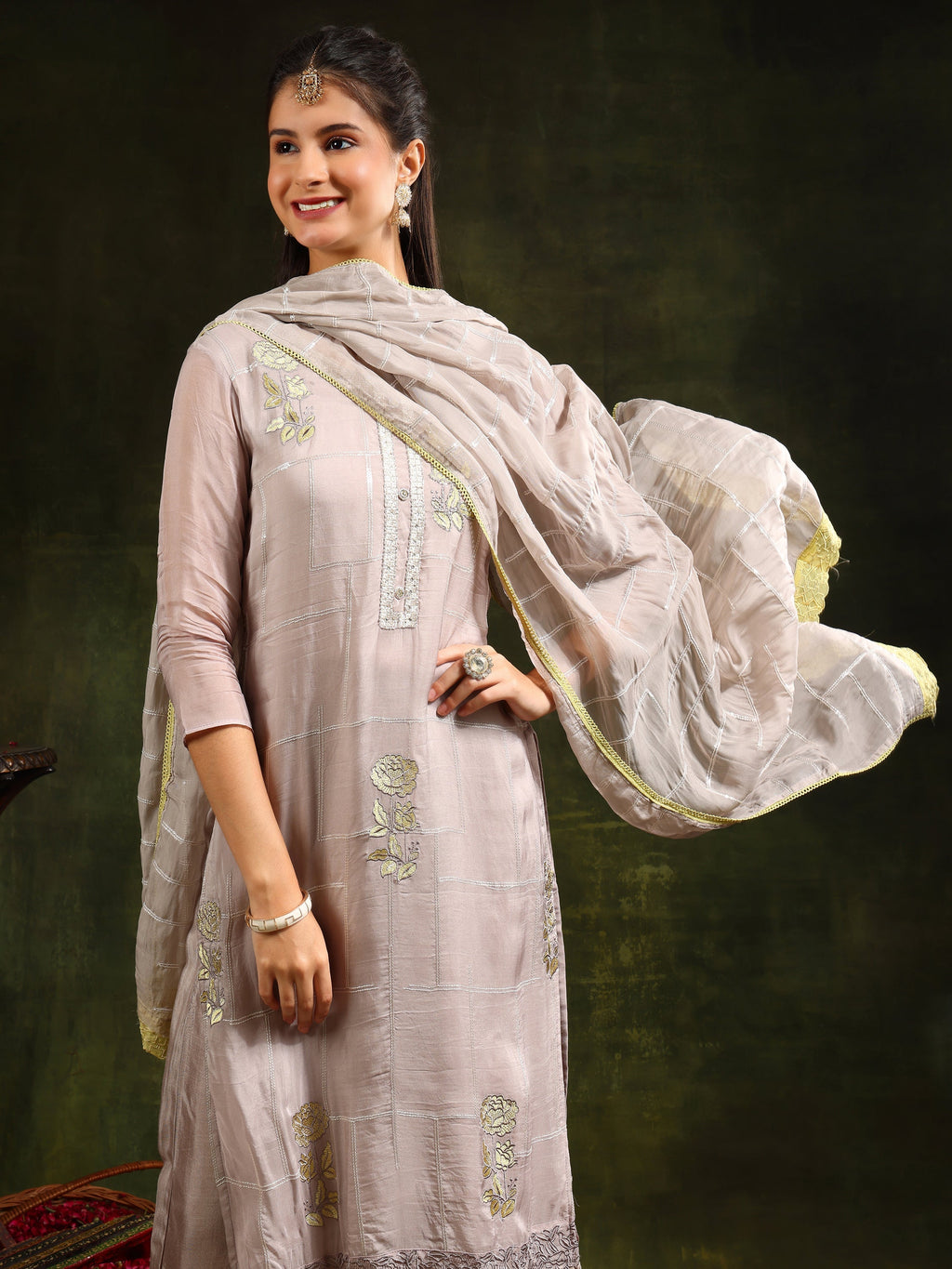 Grey Hand Embroidered Kurta Set with Sequined Organza Dupatta