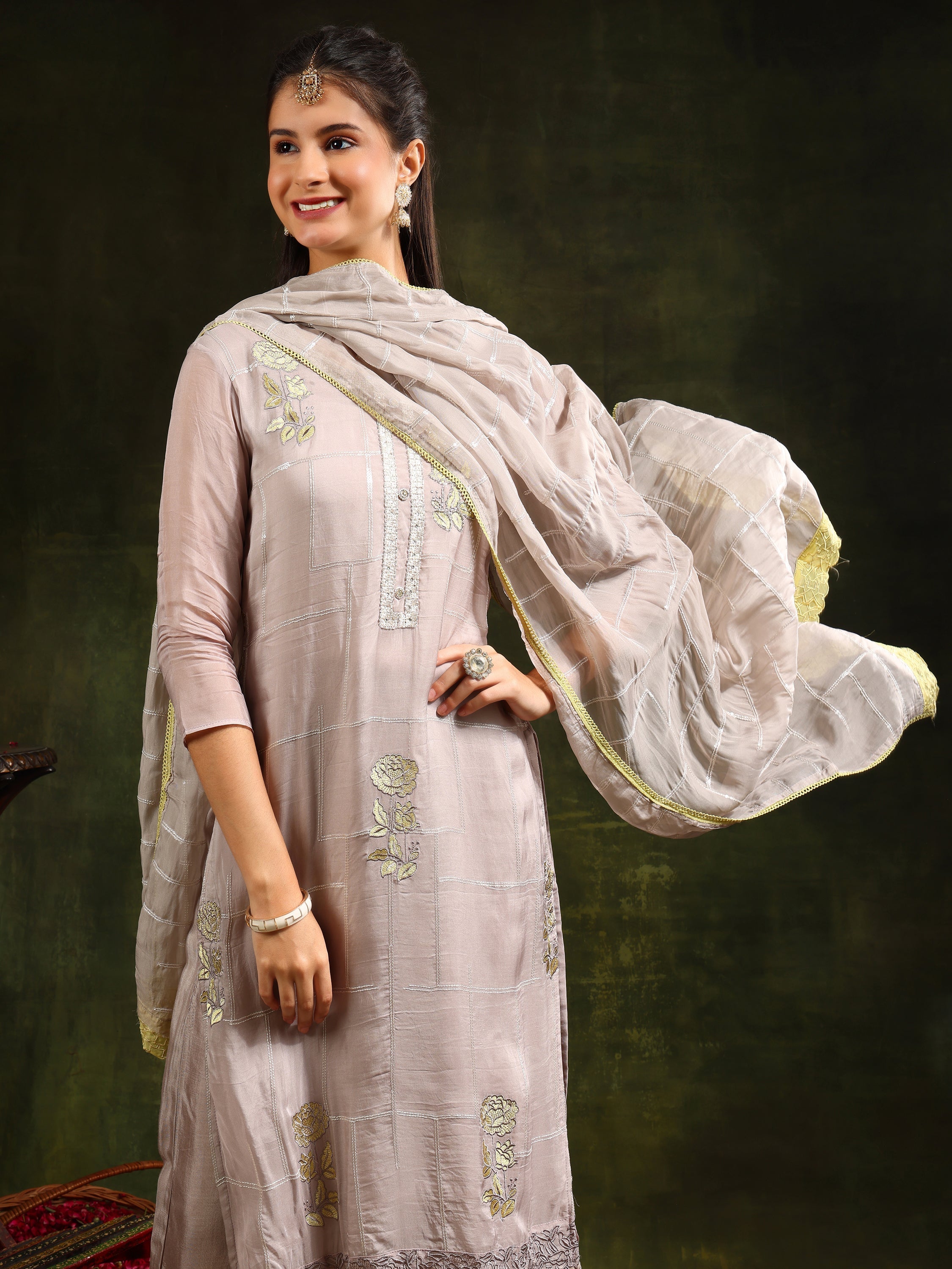 Grey Hand Embroidered Kurta Set with Sequined Organza Dupatta