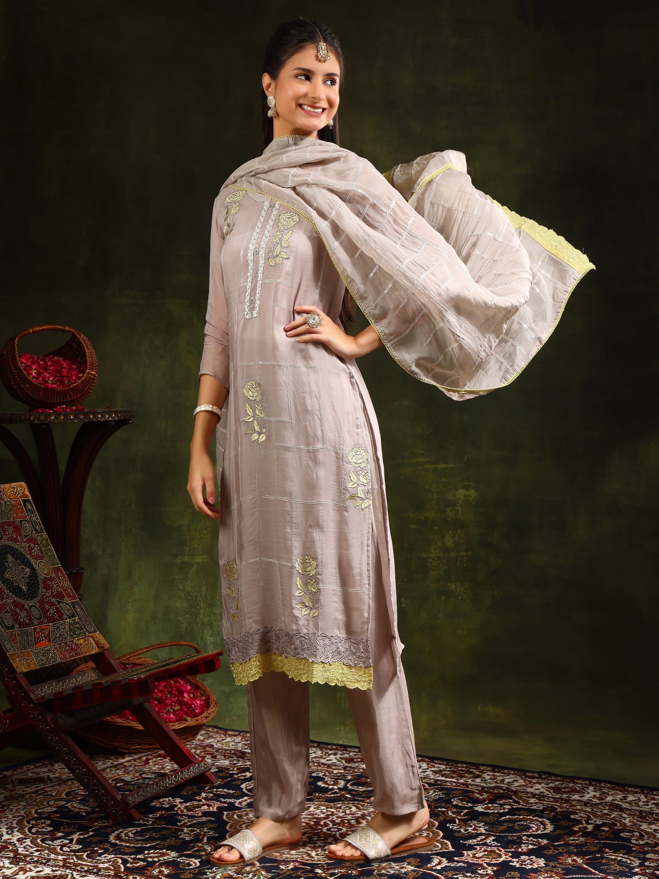 Grey Hand Embroidered Kurta Set with Sequined Organza Dupatta