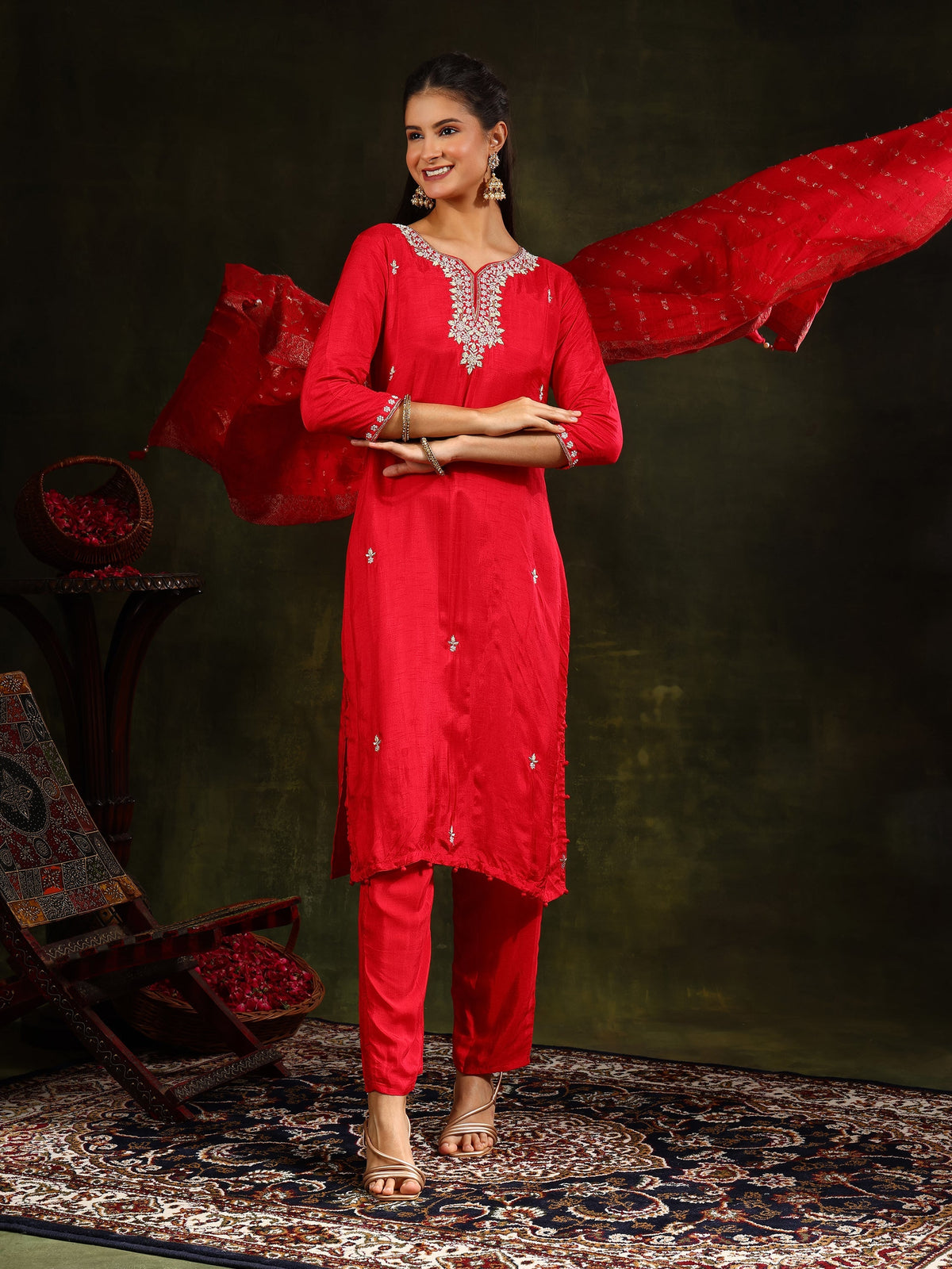 Red Hand Embroidered Kurta Set with Banarasi Silk Dupatta