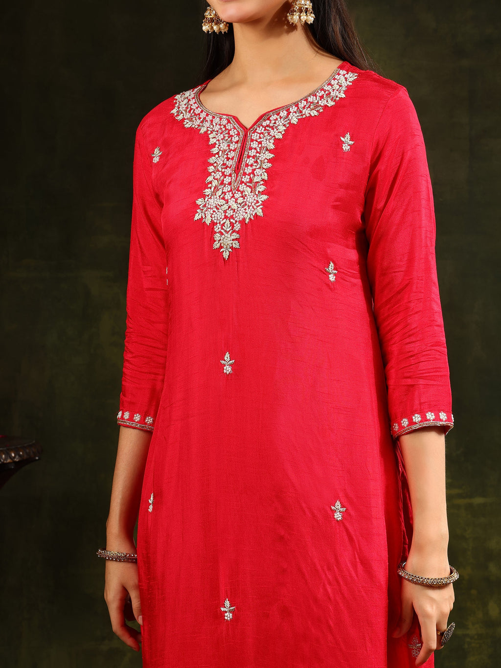Red Hand Embroidered Kurta Set with Banarasi Silk Dupatta