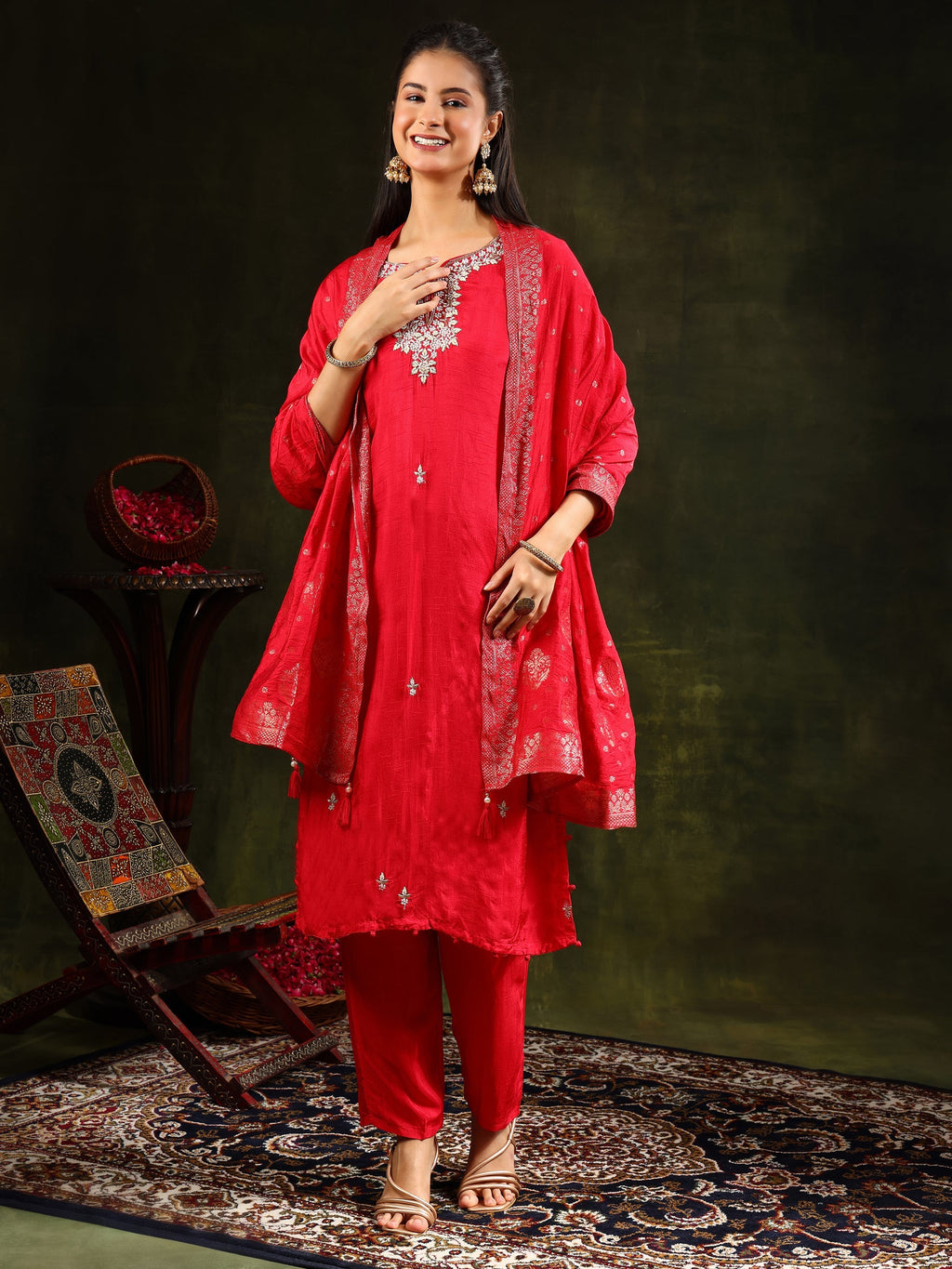 Red Hand Embroidered Kurta Set with Banarasi Silk Dupatta