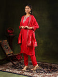 Red kurta set with hand embroidery and a luxurious Banarasi Silk dupatta