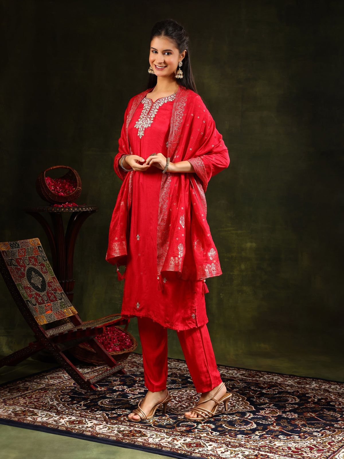 Red kurta set with hand embroidery and a luxurious Banarasi Silk dupatta