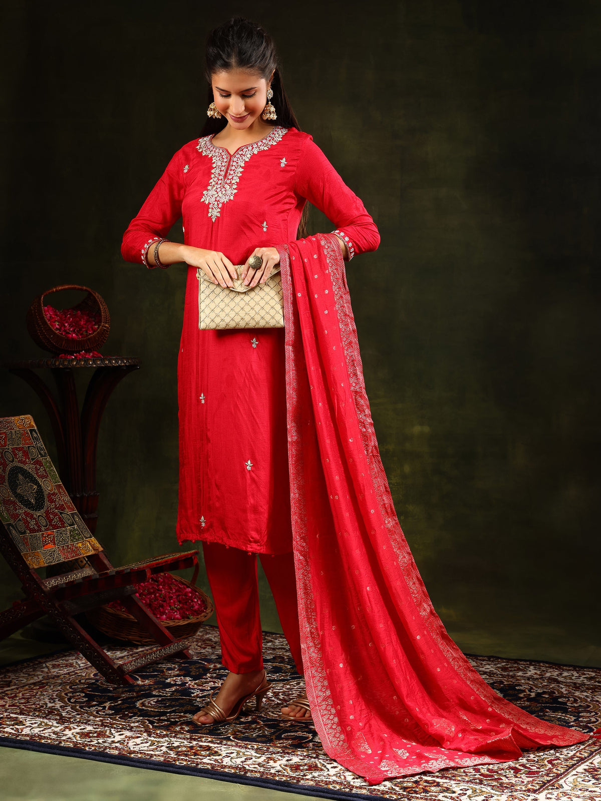 Red Hand Embroidered Kurta Set with Banarasi Silk Dupatta