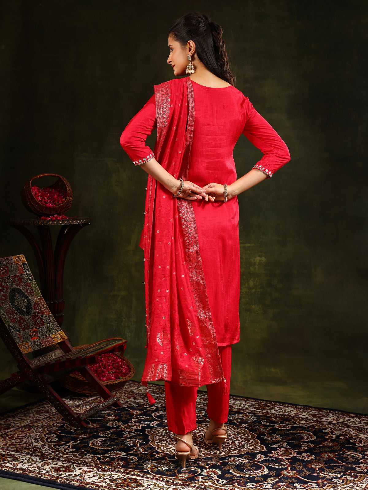 Red Hand Embroidered Kurta Set with Banarasi Silk Dupatta