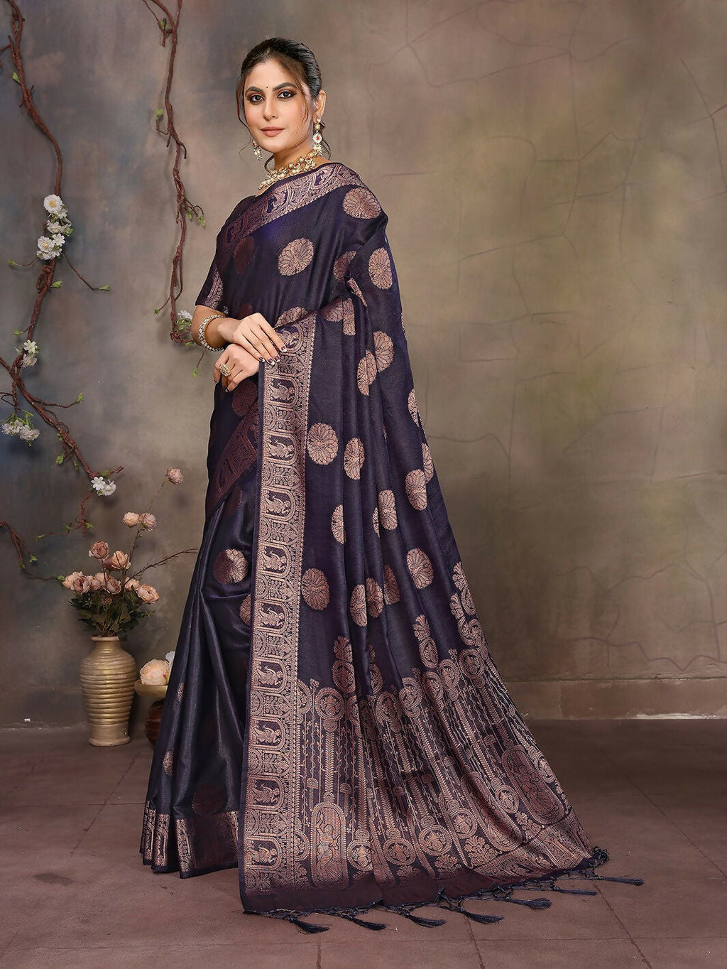 Navy Blue Woven Jacquard Banarasi Silk Saree with Unstitched Blouse