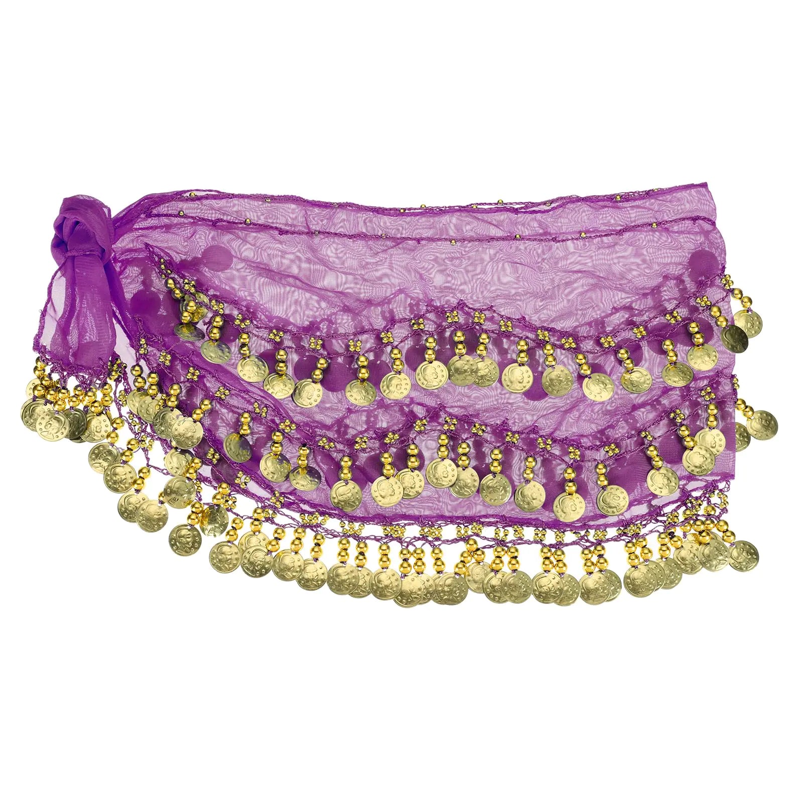 PATIKIL Belly Dance Hip Scarf 57" x 11" Womens Belly Dance Costume Skirt Wrap with 128 Gold Coins for Dance or Yoga Class Dark Purple
