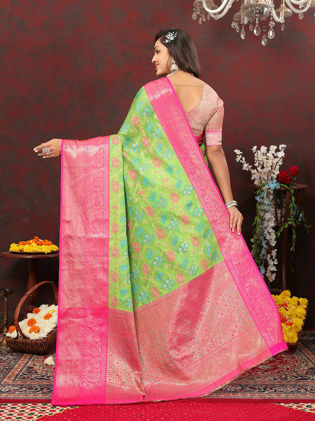 Green Cotton Saree with Zari Meenakari Weaving and Silk Blouse