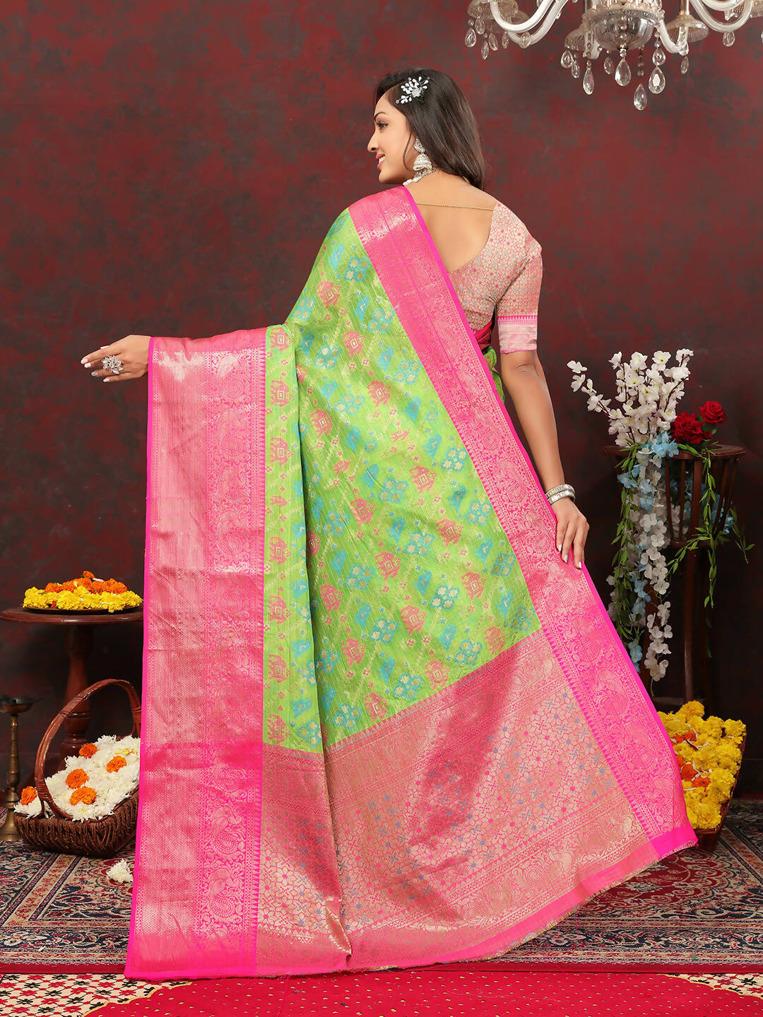 Green Cotton Saree with Zari Meenakari Weaving and Silk Blouse