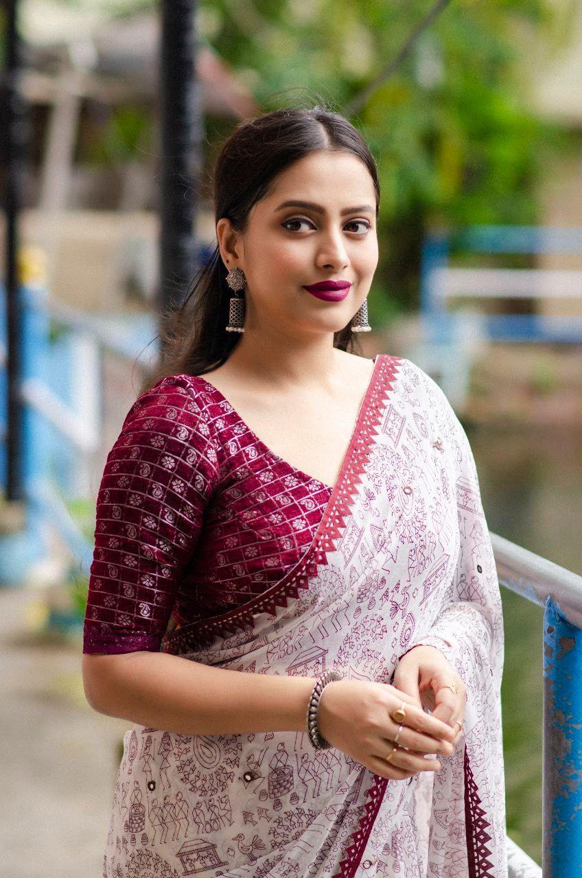 Maroon Pure Georgette Warli Print Saree with Banarasi Silk Blouse