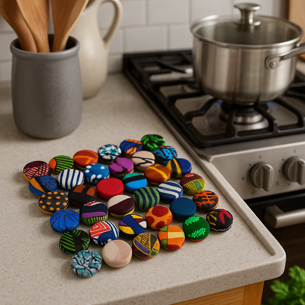 Handmade square trivet made of colorful fabric-covered bottle caps on a rustic wooden dining table.