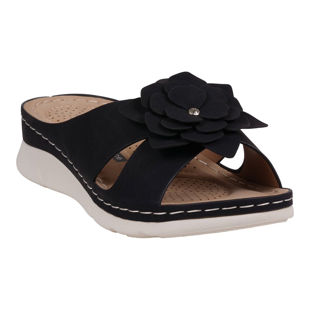 A pair of black women's sandals featuring a decorative flower rosette on the strap and a comfortable cushioned white sole.