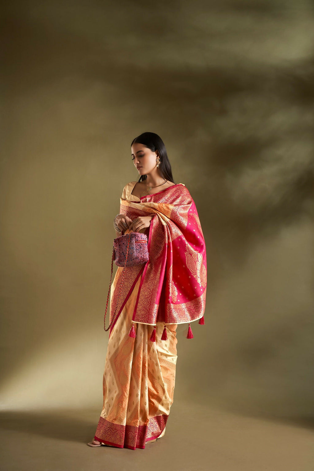 Cream and Orange Banarasi Silk Saree with Traditional Weaving Border