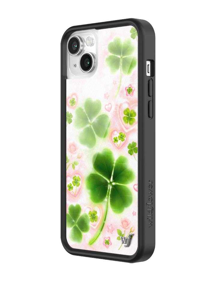 Phone case with green clover design on a white background