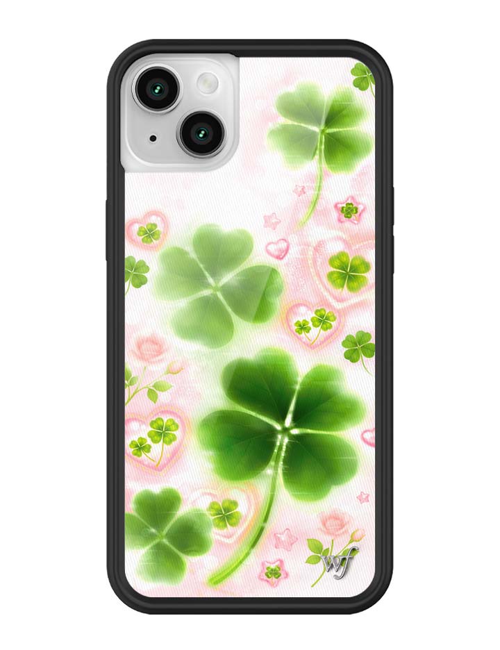 Phone case with green four-leaf clovers and pink flowers on a white background
