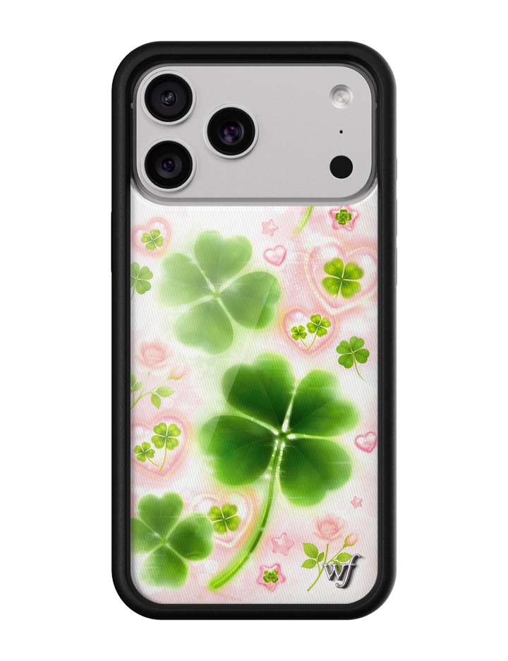 Miss Lucky iPhone case featuring airbrushed four-leaf clovers and sparkly pink hearts