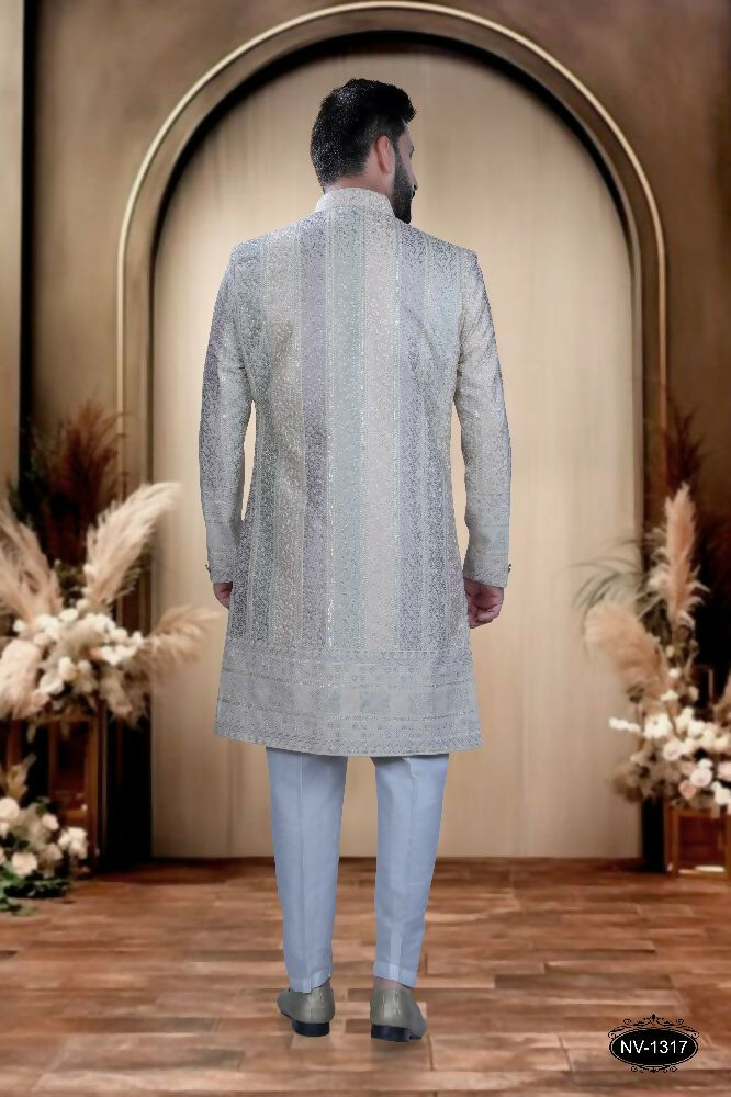Boys Cream Multi-Colour Velvet Kurta with White Polo Pyjama Set