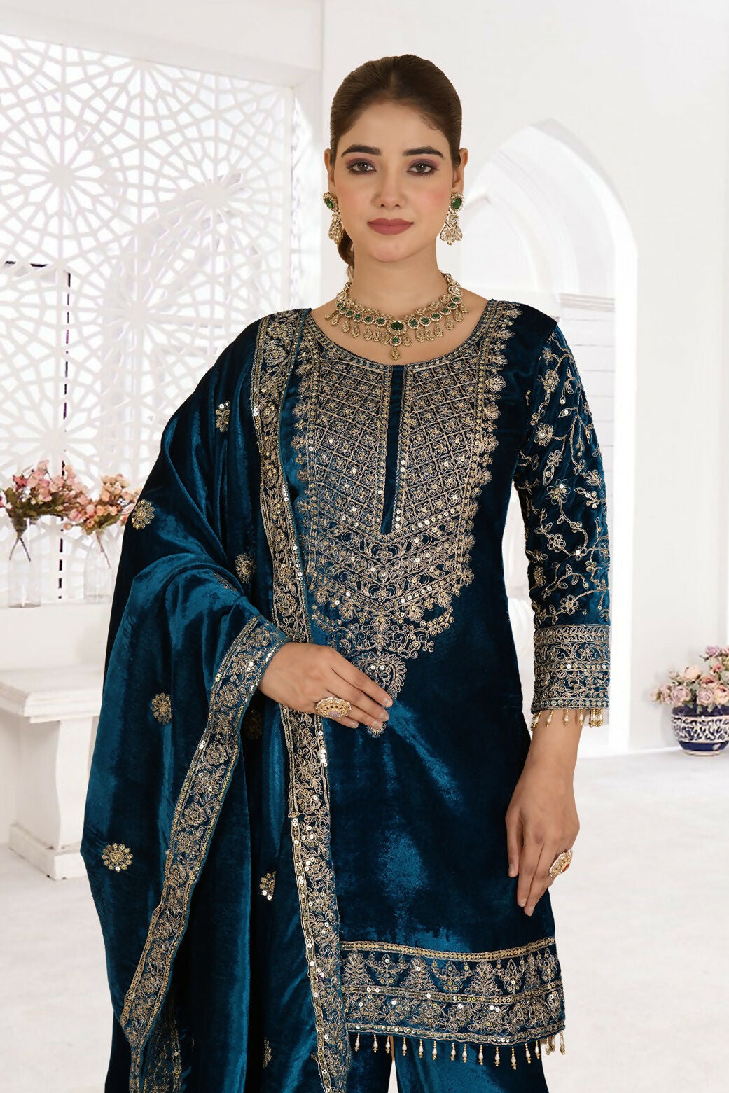 Blue Velvet Kurta Set with Shimmering Sequence Embroidery