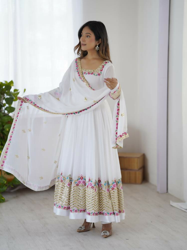 White Georgette Kurta Set with Elegant Sequence Embroidery