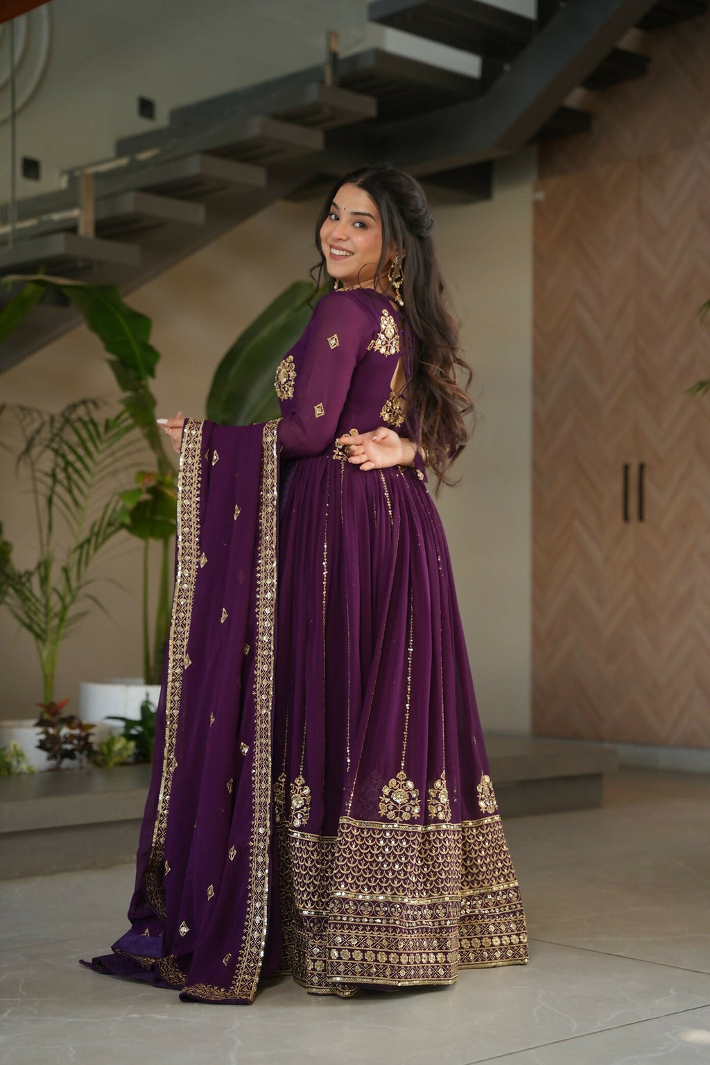 Wine Georgette Kurta Set with Detailed Sequence Embroidery